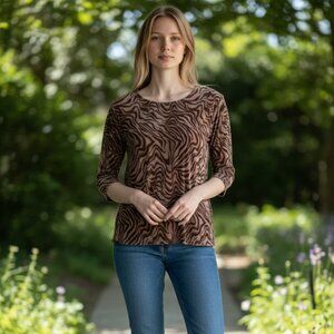 Chico’s Travelers 3/4 Sleeve Slinky Brown Animal Print Top Blouse Size 1